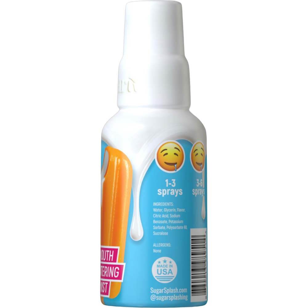 Sugar Splash Drip Mouth Watering Mist 1 Oz oral freshening spray packaging with instructions and ingredients.