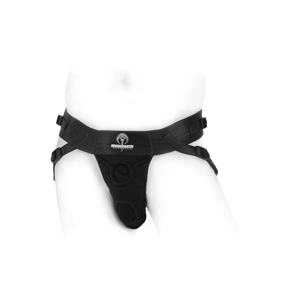 Spareparts Deuce Double Strap Harness Black Size A Regular on display, featuring a secure fit and dual openings.