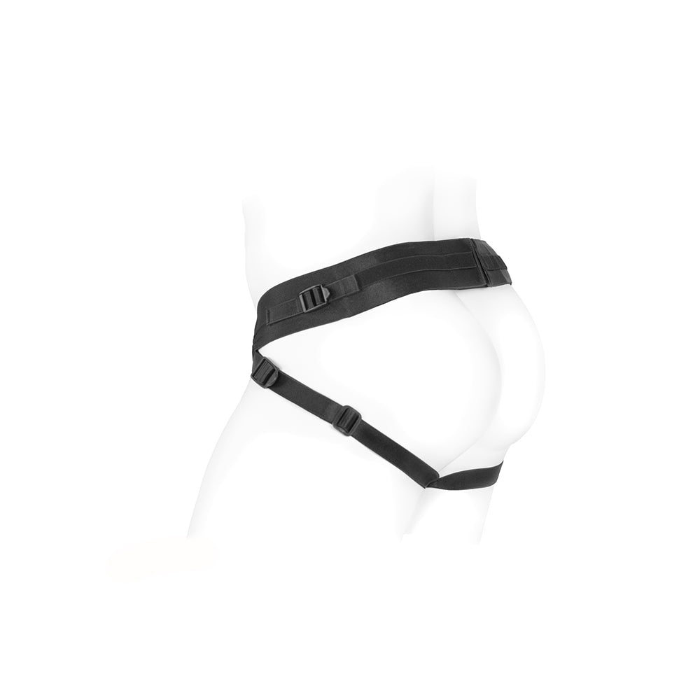 Spareparts Deuce Double Strap Harness Black Size A Regular displayed on a mannequin from the side.
