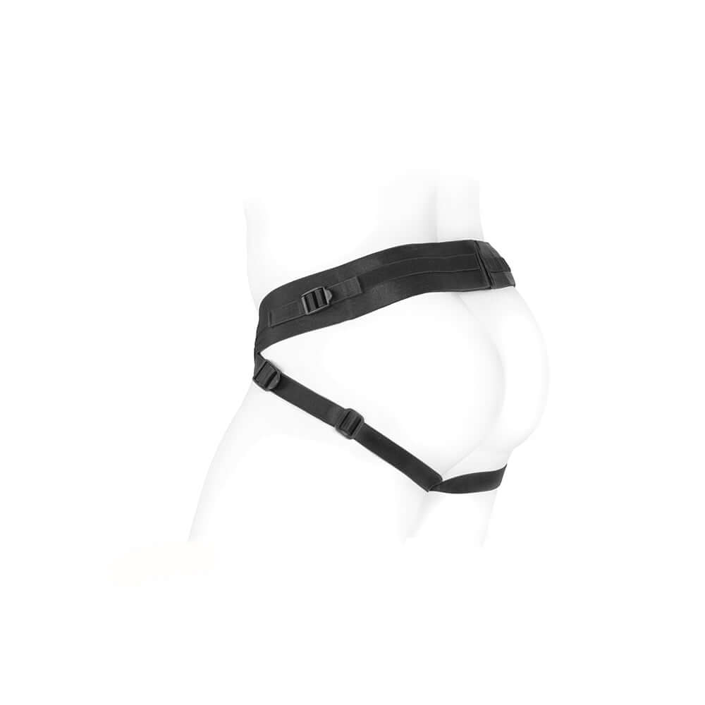 Spareparts Deuce Double Strap Harness Black Size A Regular displayed on a mannequin from the side.