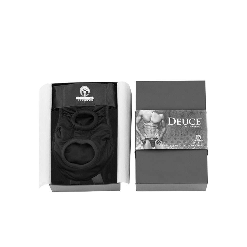Spareparts Deuce Double Strap Harness Black Size A Regular in packaging, showcasing dual openings for comfort and versatility.