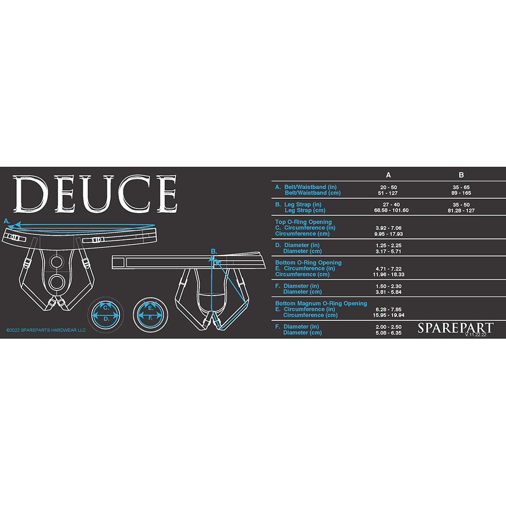 Spareparts Deuce Double Strap Harness Black Size A Regular size chart showing measurements and details.