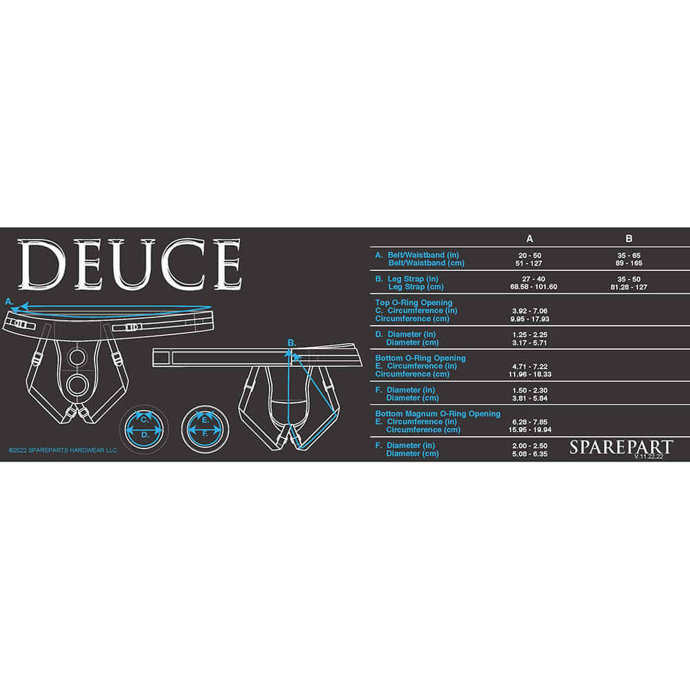 Spareparts Deuce Double Strap Harness Black Size A Regular size chart showing measurements and details.
