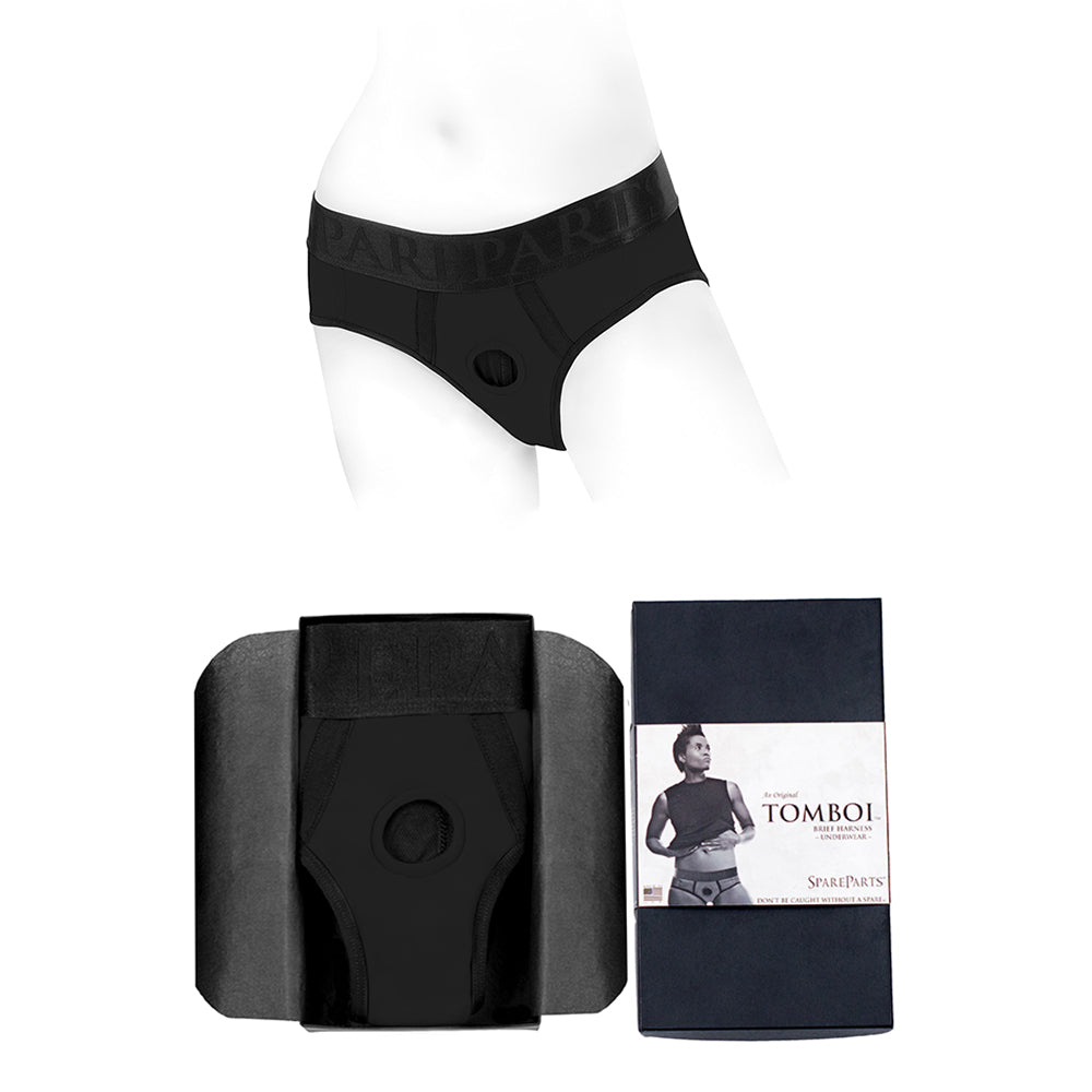SpareParts Tomboi Nylon Briefs Harness Black Size M showcasing the design and packaging of the product.