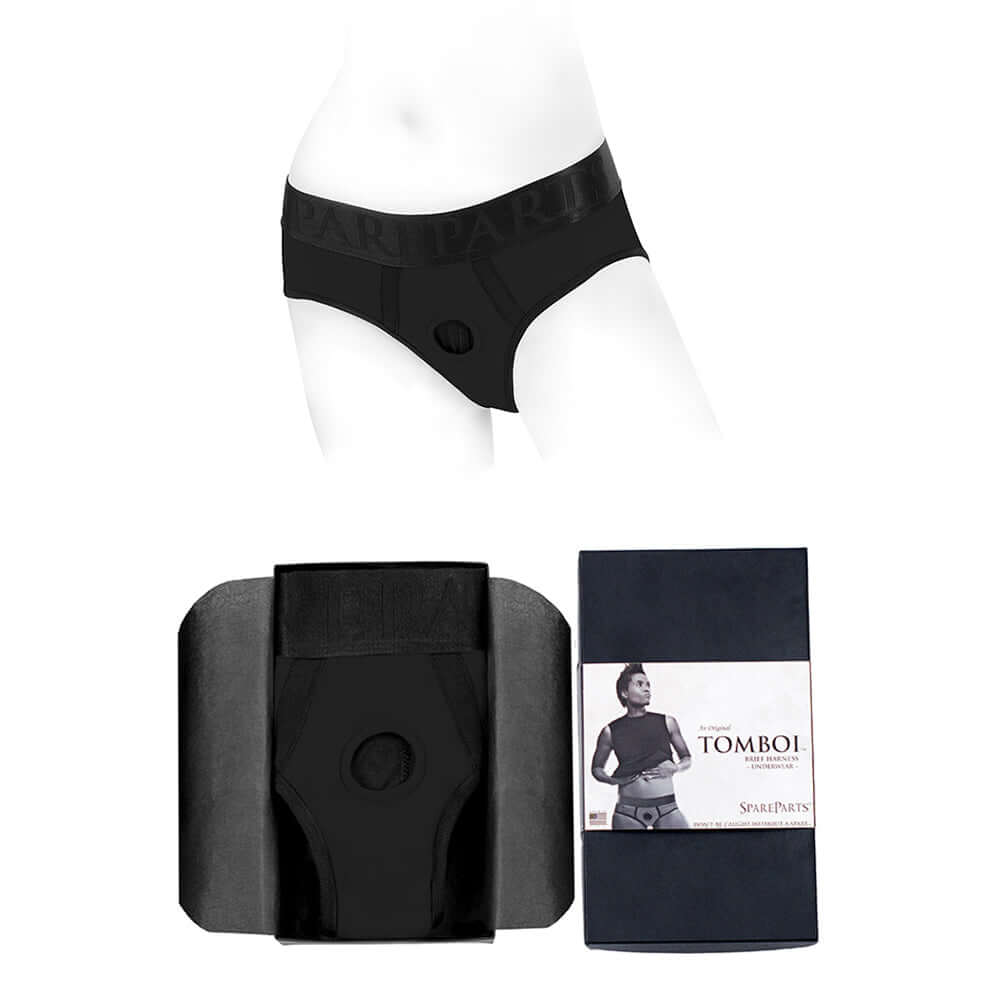 SpareParts Tomboi Nylon Briefs Harness Black Size M showcasing the design and packaging of the product.