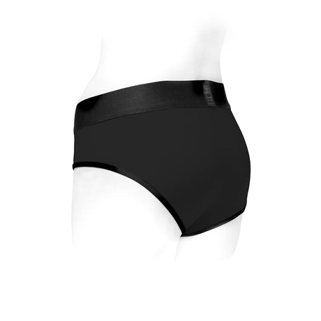 SpareParts Tomboi Nylon Briefs Harness Black Size M side view showing breathable nylon spandex design.