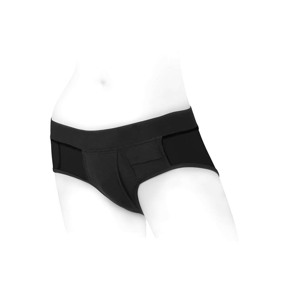 SpareParts Tomboi Nylon Briefs Harness Black Size M displayed on a mannequin, showcasing its sleek design and athletic cut.