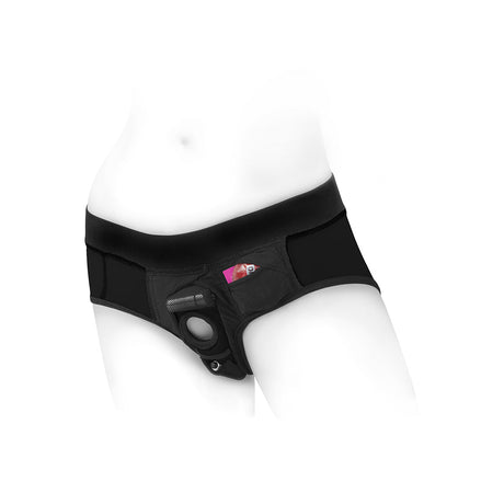 SpareParts Tomboi Nylon Briefs Harness Black Size M displayed on a mannequin, showcasing its sleek design and athletic cut.