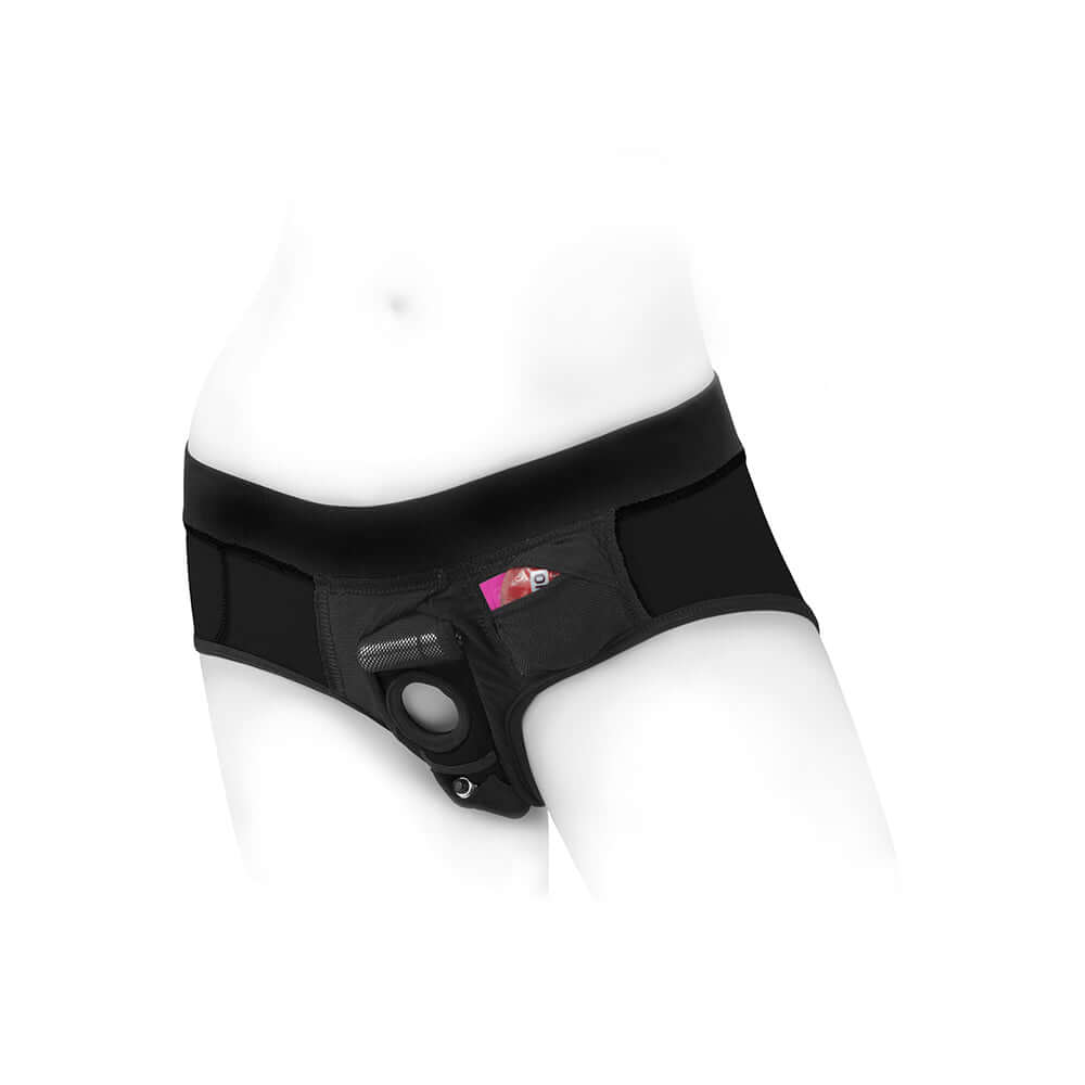 SpareParts Tomboi Nylon Briefs Harness Black Size M displayed on a mannequin, showcasing its sleek design and athletic cut.