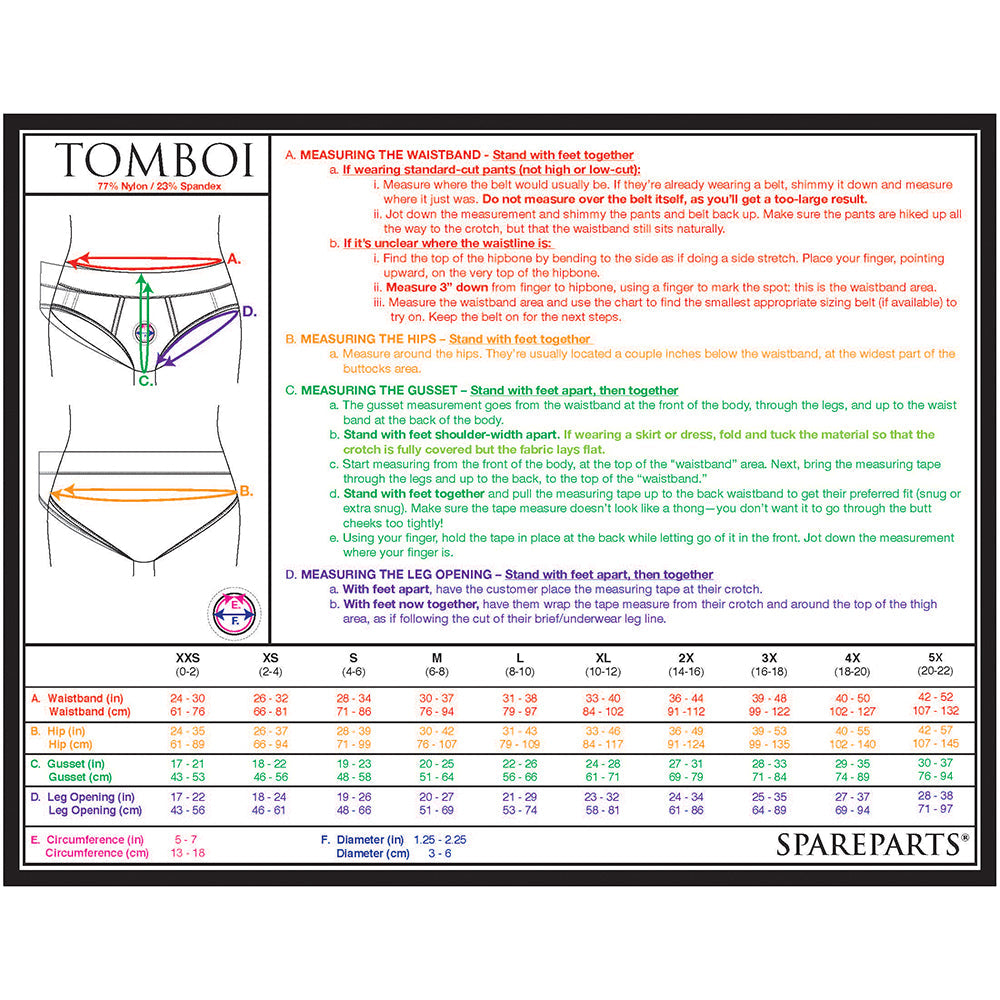 SpareParts Tomboi Nylon Briefs Harness Black Size M size guide and measurement chart