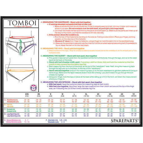 SpareParts Tomboi Nylon Briefs Harness Black Size M size guide and measurement chart