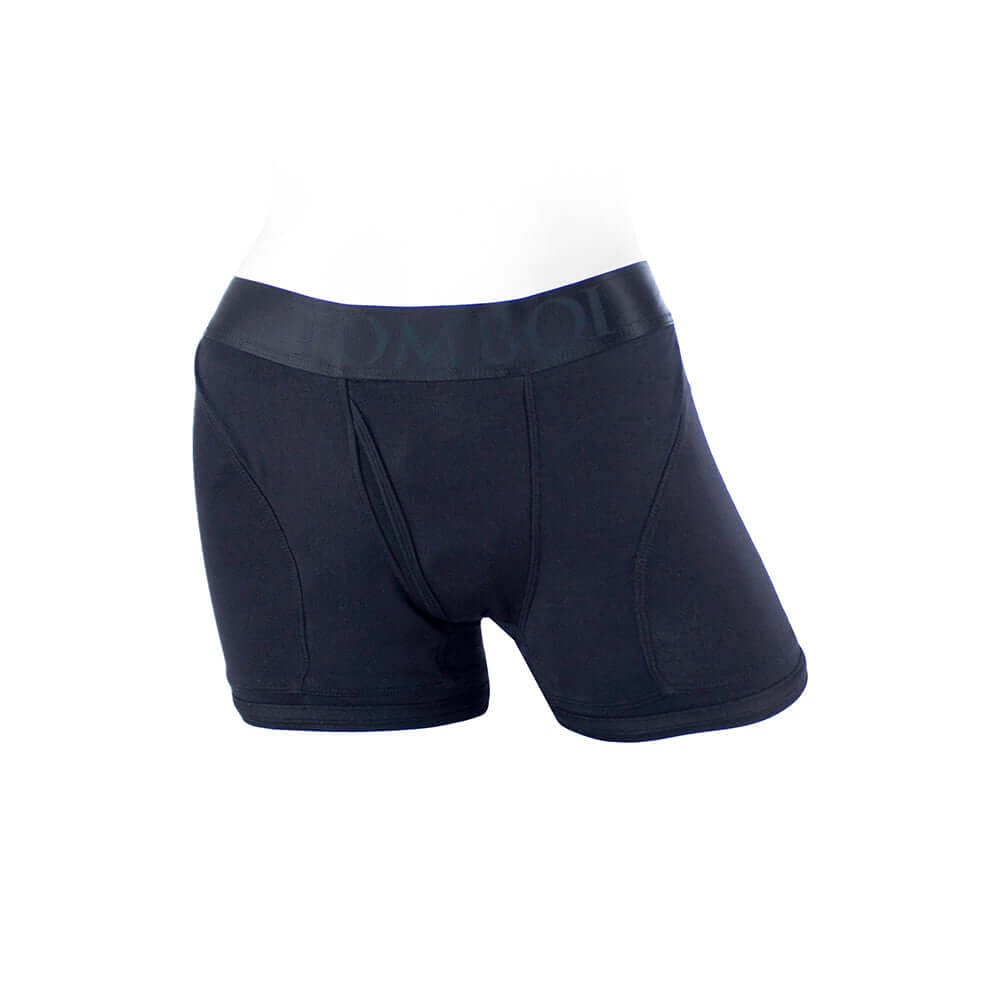 SpareParts Tomboii Rayon Boxer Briefs Harness Black Size XL displayed on a mannequin, featuring a sleek design.