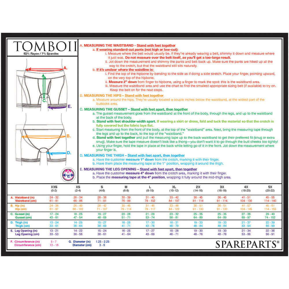 Size guide for SpareParts Tomboii Rayon Boxer Briefs Harness Black Size XL with measuring instructions.
