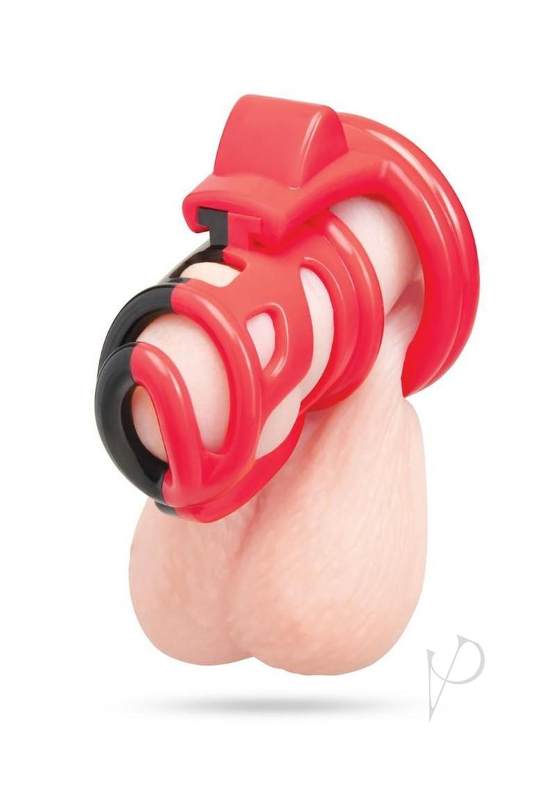 Red Zone Cock Shackle Chastity Cage 2 Inch Red and Black showing the device on display.