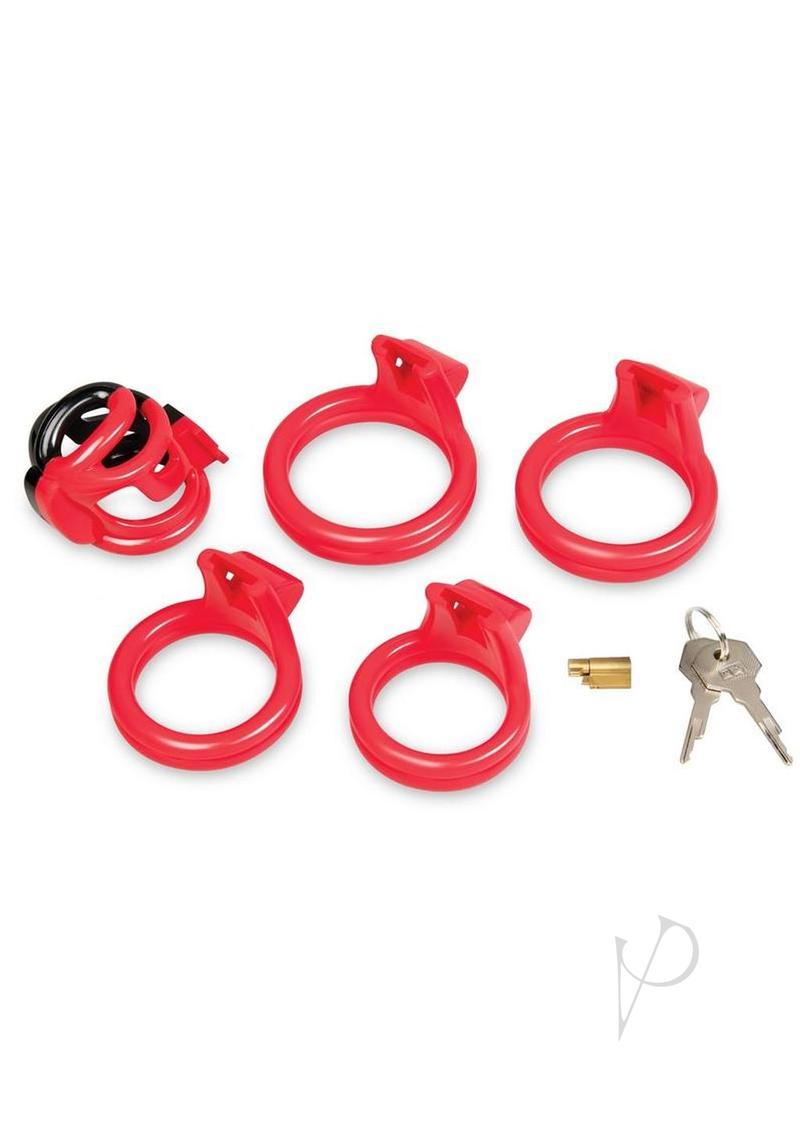 Red Zone Cock Shackle Chastity Cage 2 Inch Red and Black accessories including rings and keys