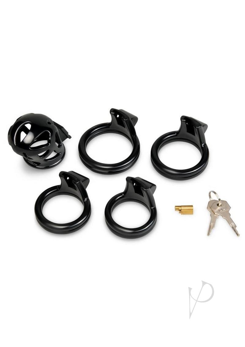 Blueline Prisoner 2 Inch Cock Cage Black set including the cage, rings, lock, and keys.
