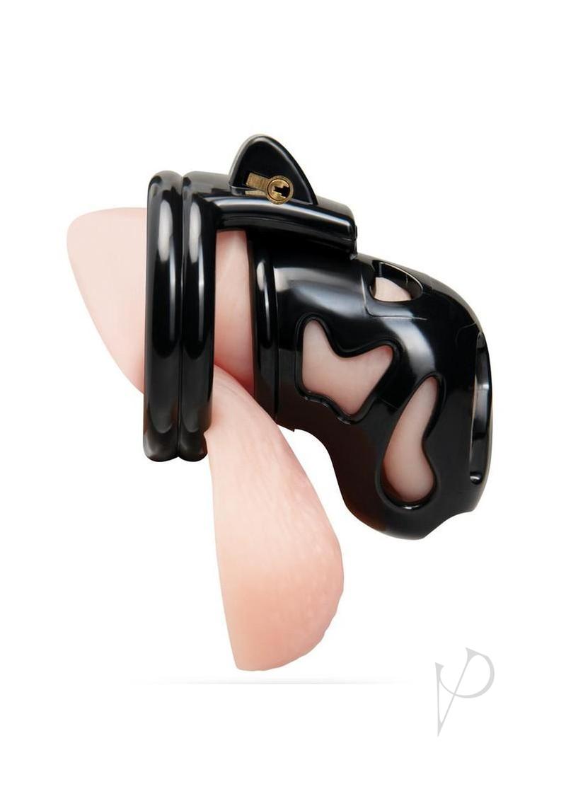 Blueline Prisoner 2 Inch Cock Cage Black displayed from the side with a smooth design and sturdy construction.