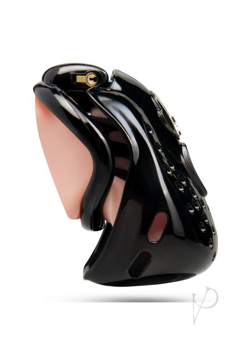 Blueline Full Coverage Locked Up Chastity Cage Black side view showing its design and features for complete denial play.