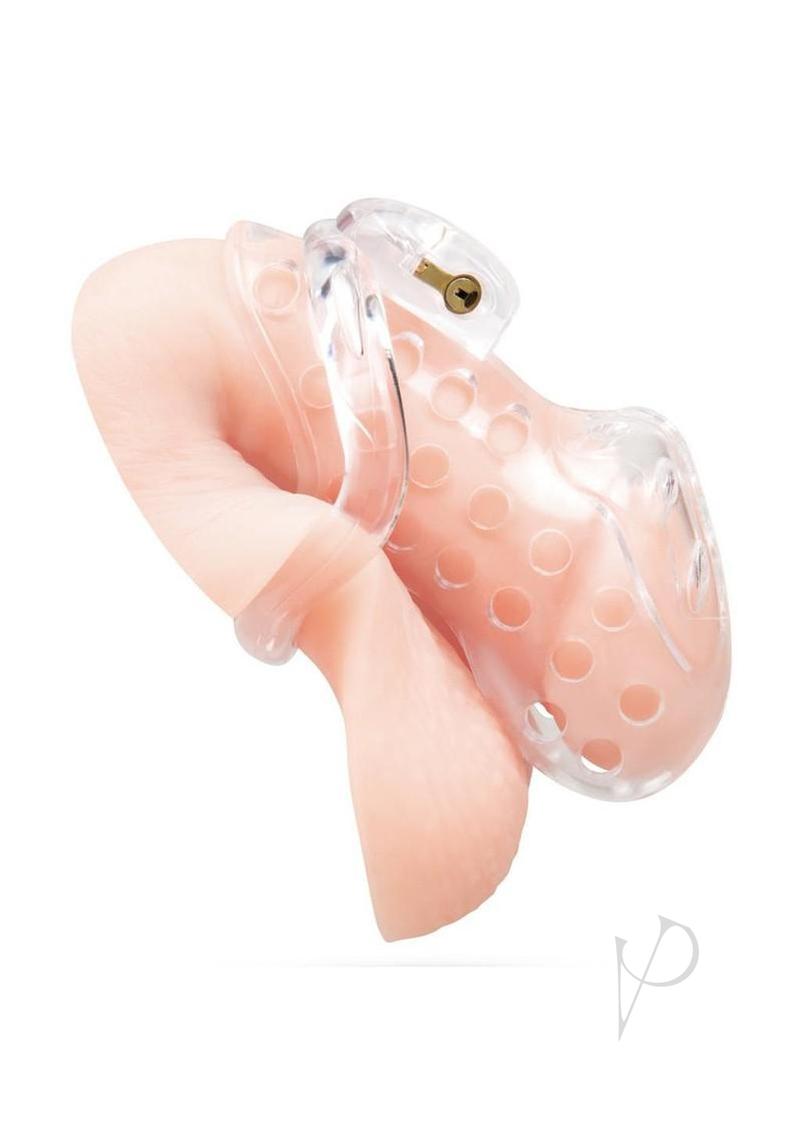 Blueline Acrylic See Thru Chastity Cock Cage 2.75 Inch Clear displayed from the side, highlighting its transparent design.