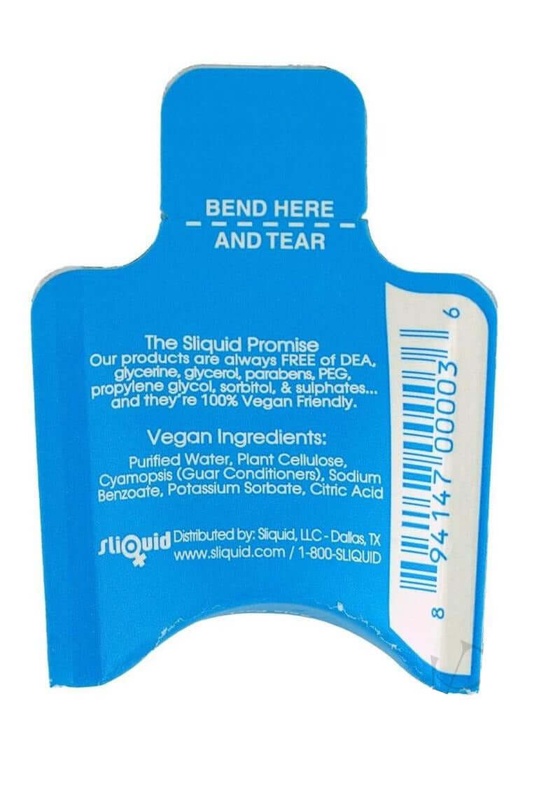 Sliquid Naturals H20 Lubricant Pillows 0.17 Oz packaging back with vegan ingredient list and directions.