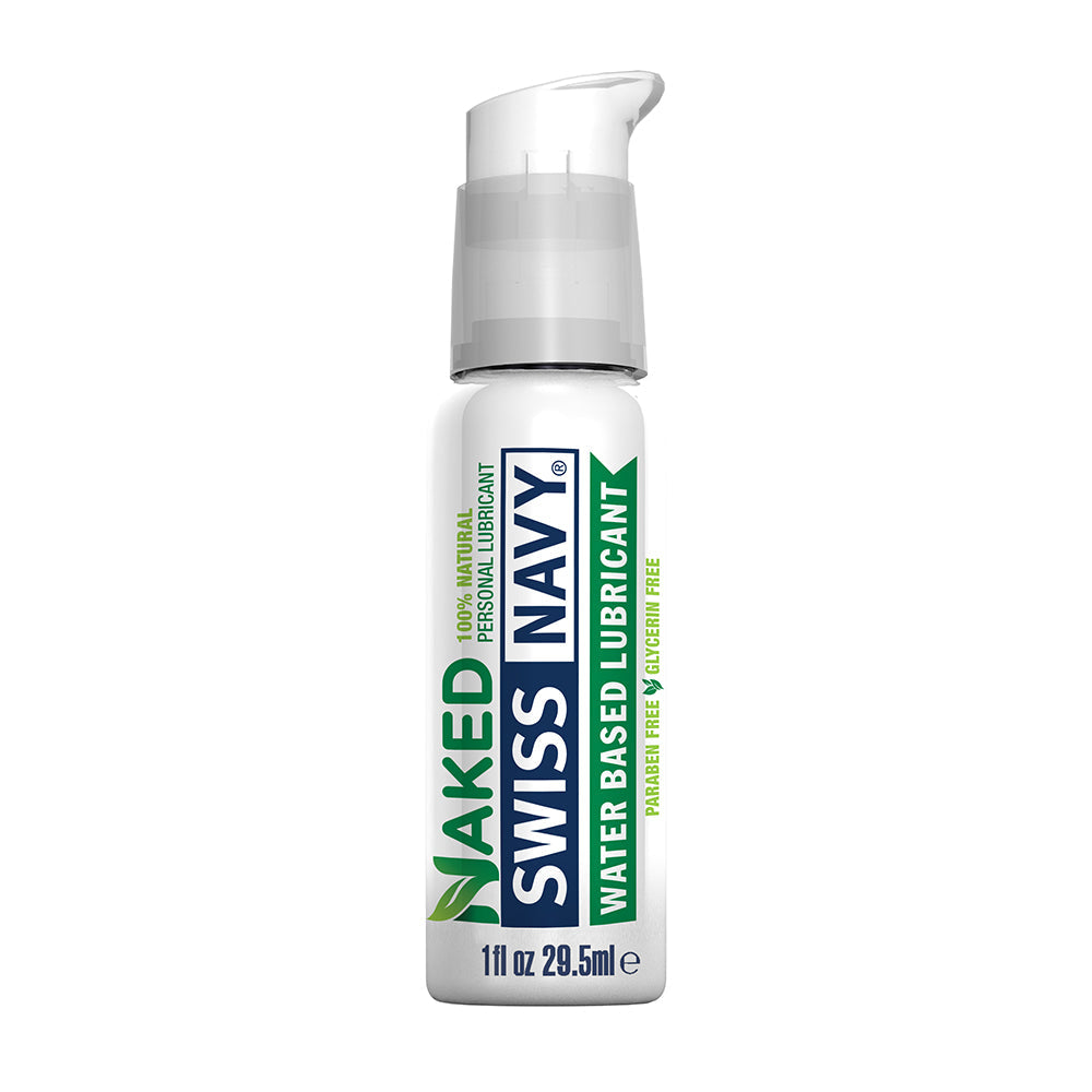 Swiss Navy Natural Lubricant 1 Oz water-based lubricant bottle with pump dispenser.