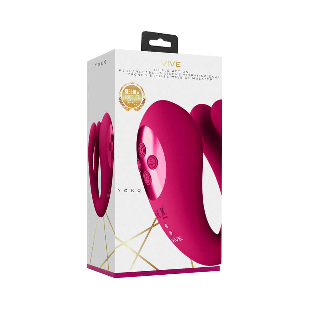 VIVE YOKO Rechargeable Triple Action Silicone Vibrator Dual Prongs with Clitoral Pulse Wave Pink