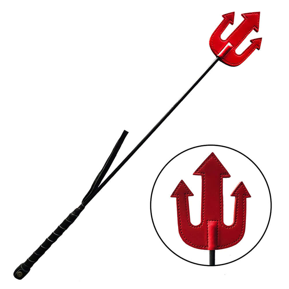 Rouge Leather Devil Riding Crop Red featuring a red devil trident design for impact play and sensation control.
