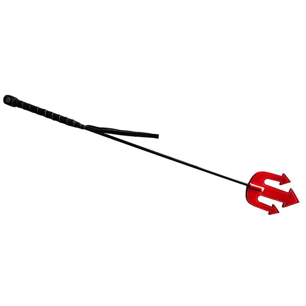 Rouge Leather Devil Riding Crop Red with a flexible shaft designed for impact play and sensation control.