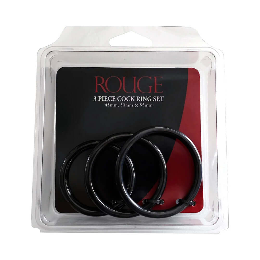 Rouge Stainless Steel 3 Piece Cock Ring Set Black packaging featuring three smooth cock rings in different sizes.