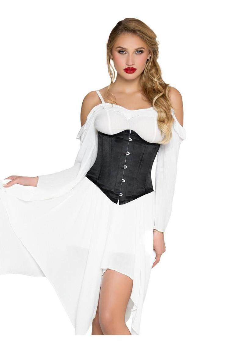Leg Avenue Steel Boned Satin Waist Cincher Small Black worn under a white dress, showcasing a sleek silhouette.