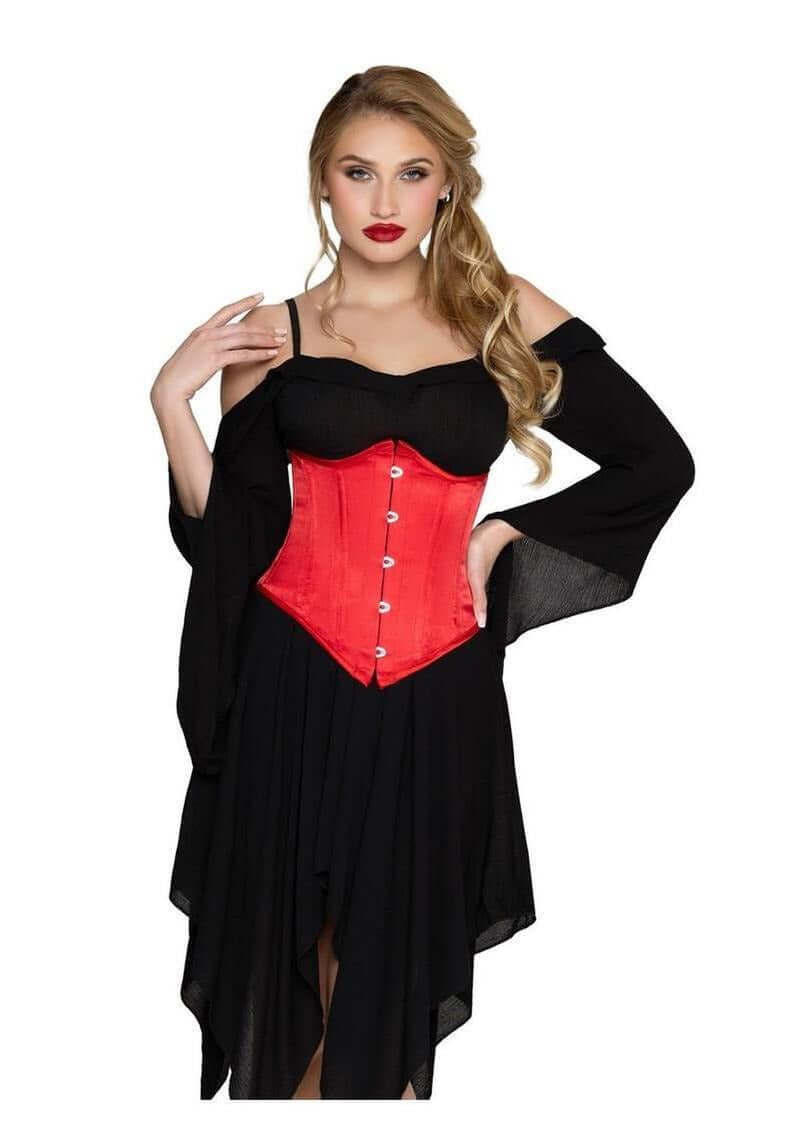 Leg Avenue Steel Boned Satin Waist Cincher Large Red worn by a model in a black outfit with stylish flair.