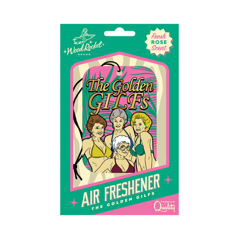 Wood Rocket Air Freshener Golden GILFS packaging featuring playful design and fresh rose scent