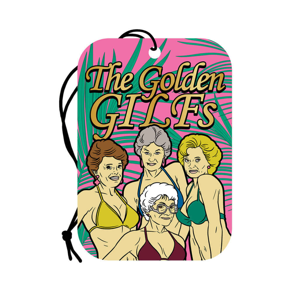 Wood Rocket Air Freshener Golden GILFS featuring a fun illustration of four humorous characters.