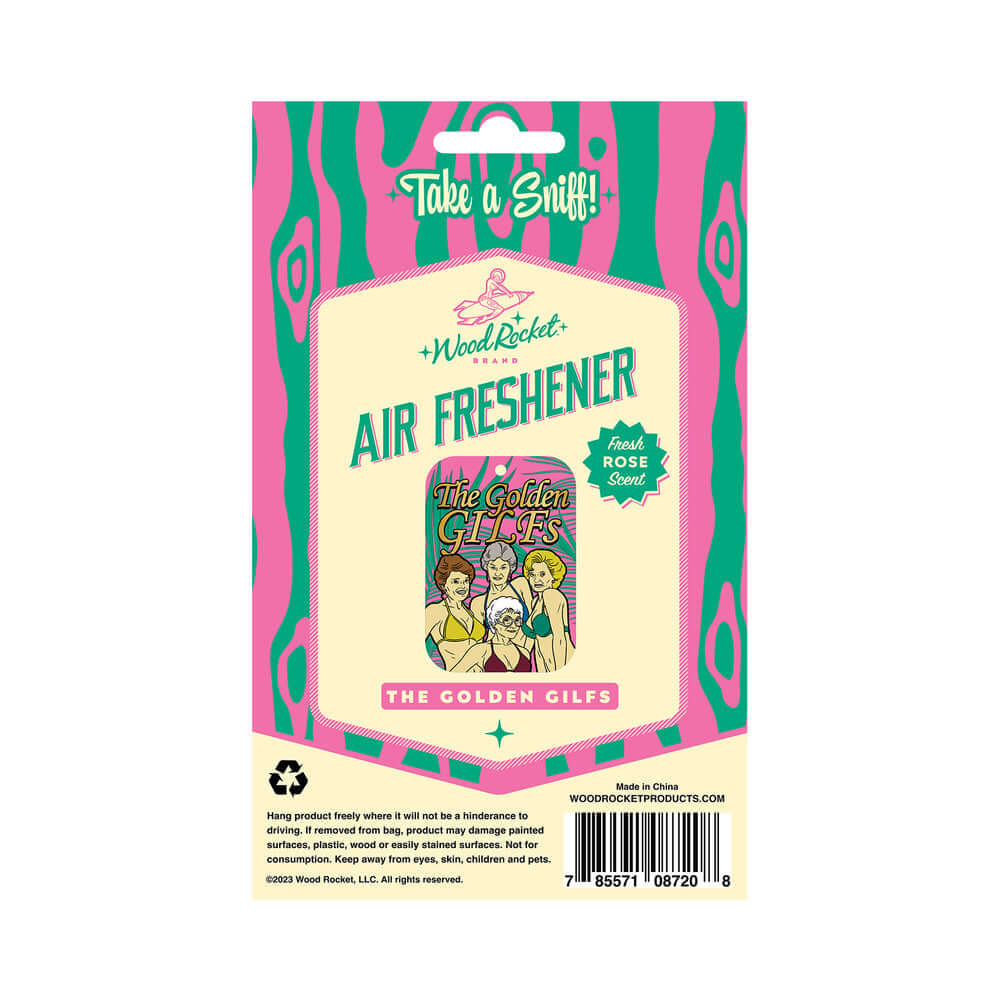 Wood Rocket Air Freshener Golden GILFS packaging featuring playful design and fresh rose scent.