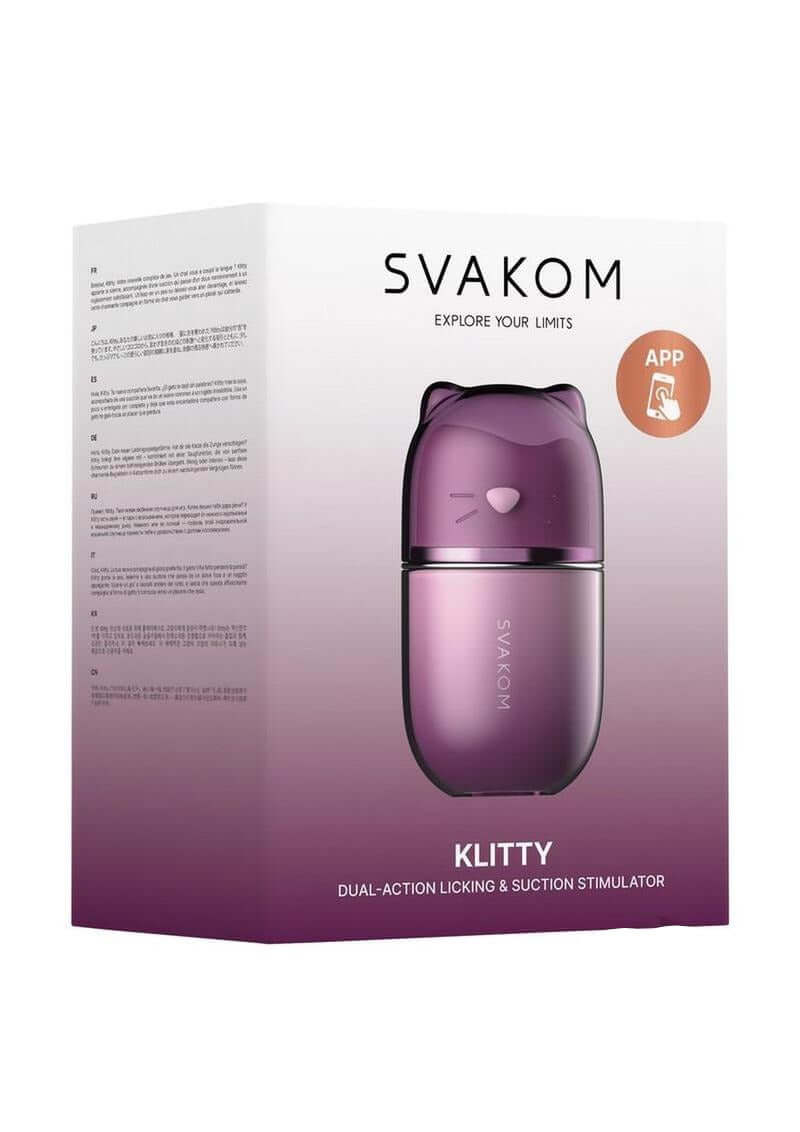 SVAKOM Klitty Dual Licking & Suction Stimulator Lavender packaging with cat design and app feature.