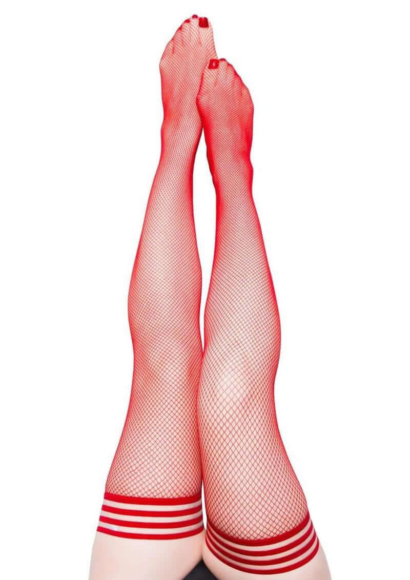 Kixies Sandra Fishnet Thigh High Size A Small Red showcasing vibrant red fishnet design with stylish striped tops.