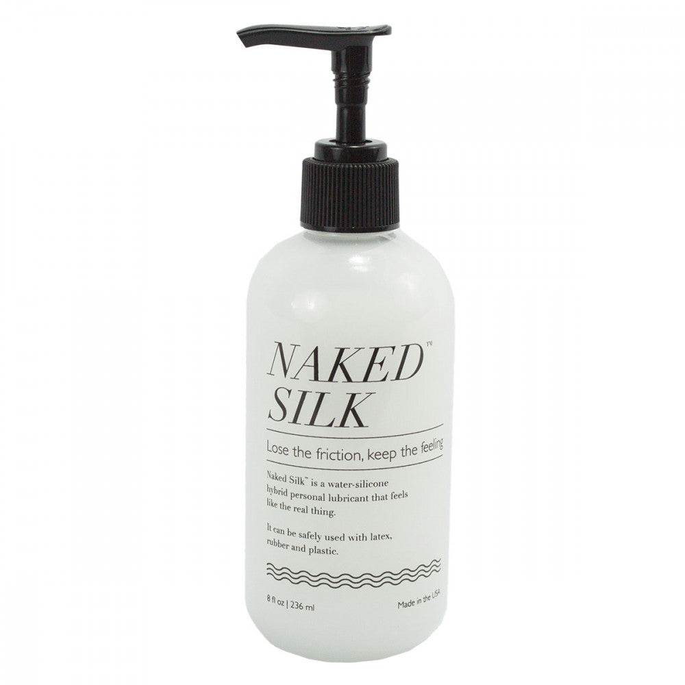 Naked Silk Hybrid Lubricant 8.7 Oz bottle with pump, designed for smooth, natural intimacy.
