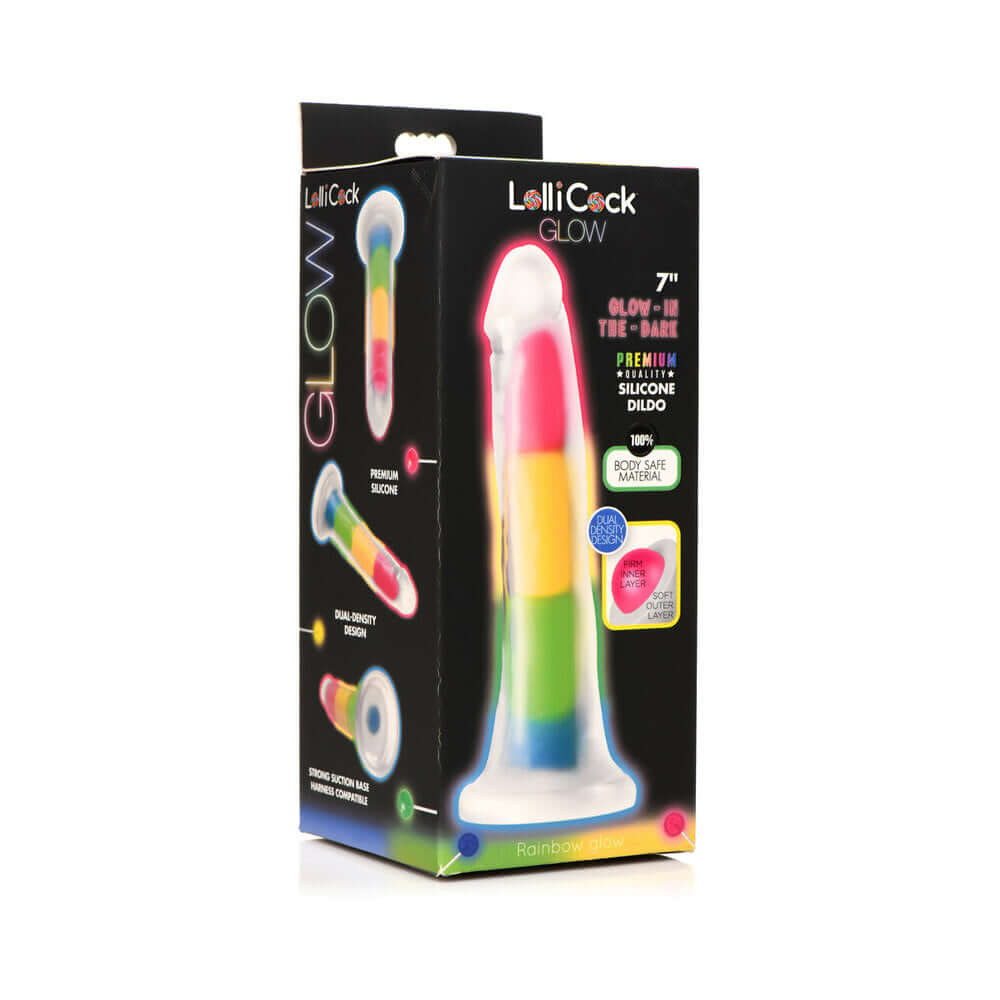 Lollicock Silicone Dildo 7 inch Rainbow Glow in the Dark packaging featuring premium silicone and unique design.