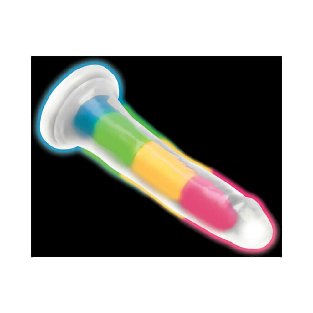 Lollicock Silicone Dildo 7 inch Rainbow Glow in the Dark with colorful stripes and glow effects.