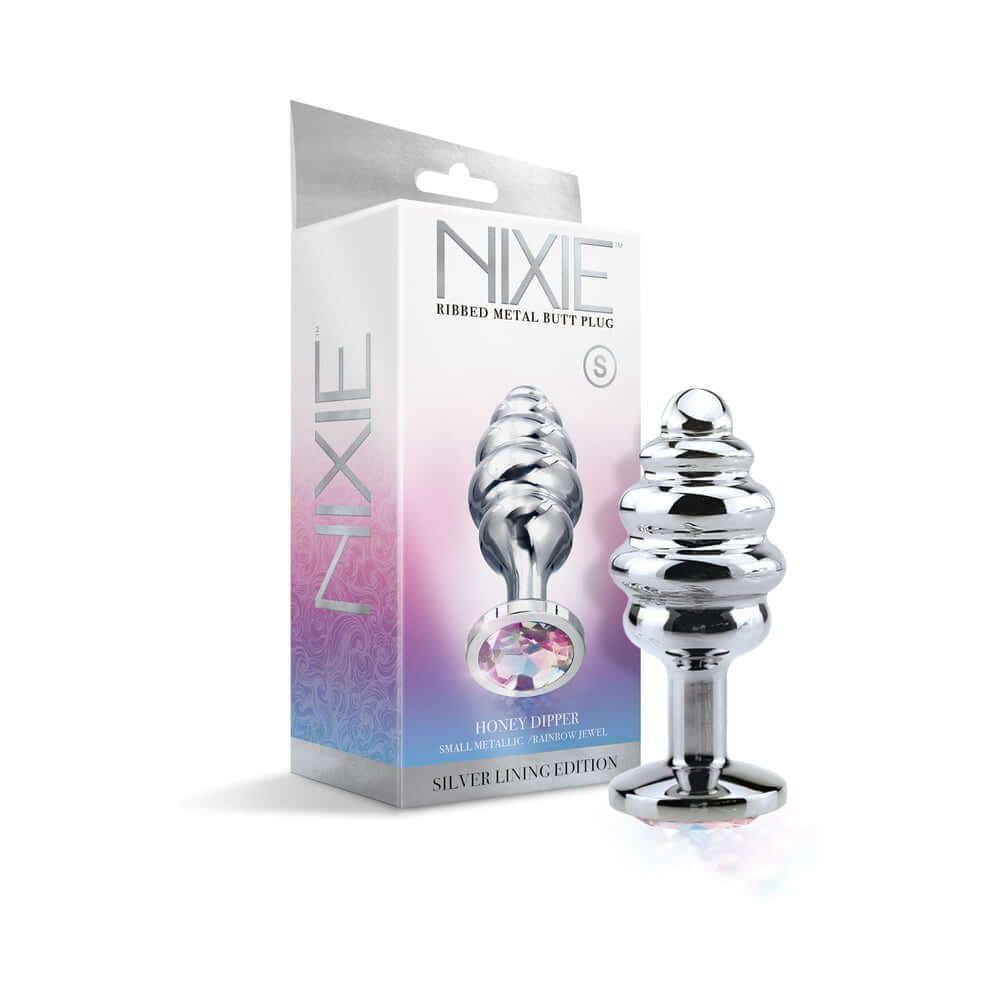 Nixie Ribbed Metal Butt Plug Honey Dipper Small in packaging showcasing silver design and flared base.