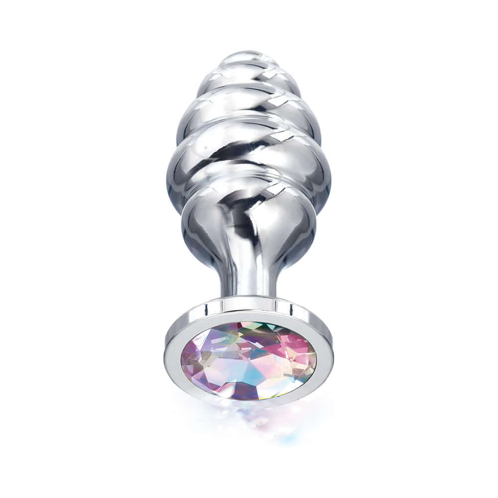 Nixie Ribbed Metal Butt Plug Honey Dipper Small with flared base and jeweled end for secure and comfortable wear.