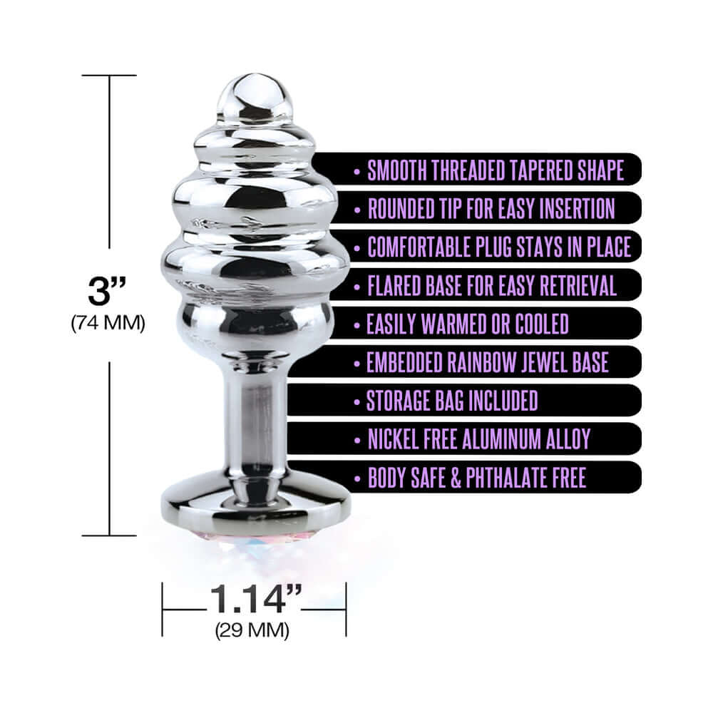 Nixie Ribbed Metal Butt Plug Honey Dipper Small with smooth tapered shape and rounded tip for easy insertion.