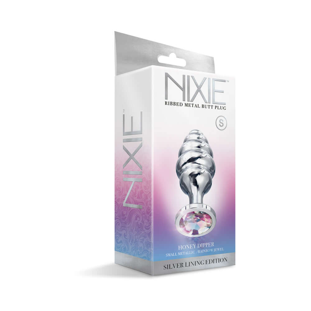 Nixie Ribbed Metal Butt Plug Honey Dipper Small packaging with elegant design and flared base for easy retrieval.