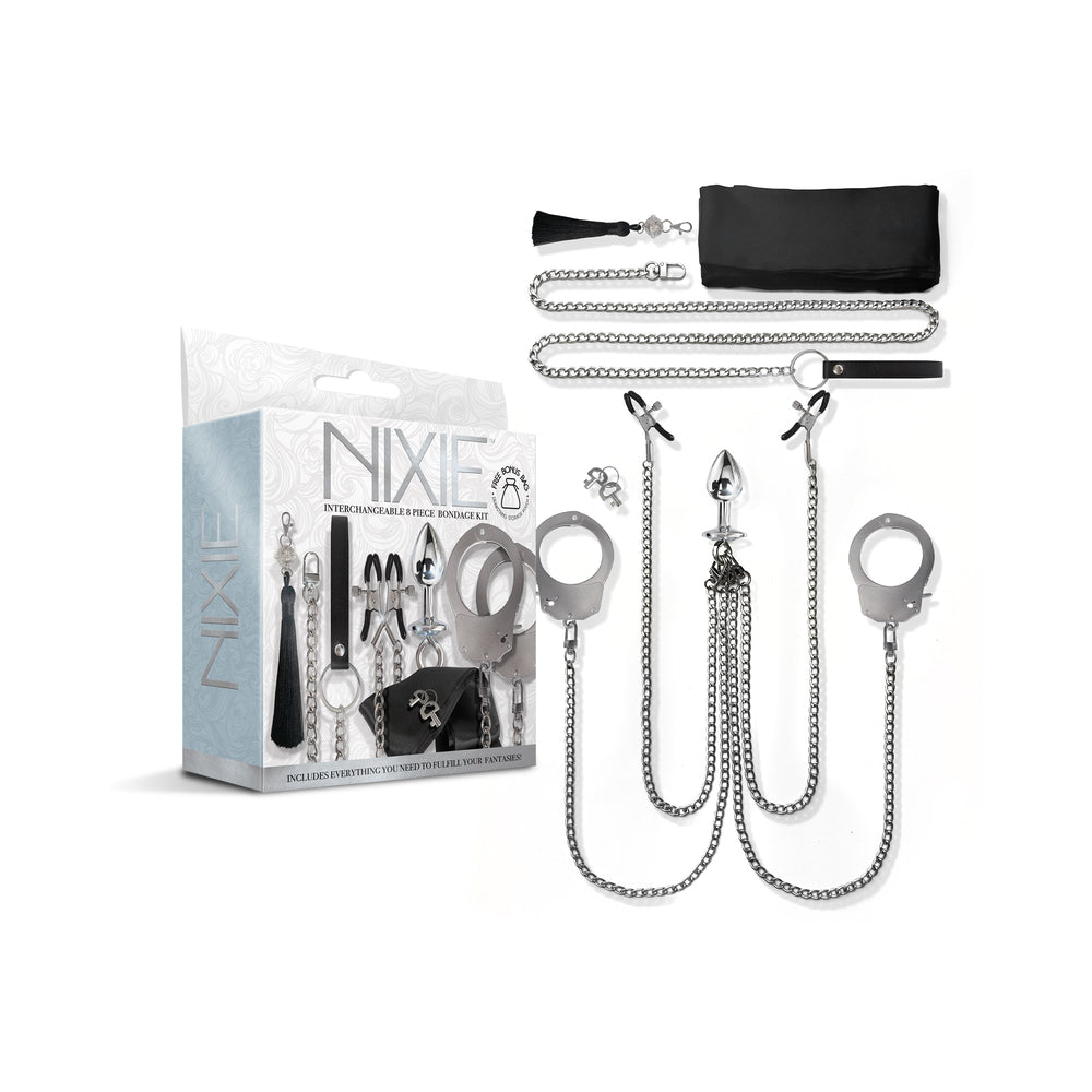 Nixie Metal Bondage 8-piece Kit Silver featuring various accessories for a customizable BDSM experience.