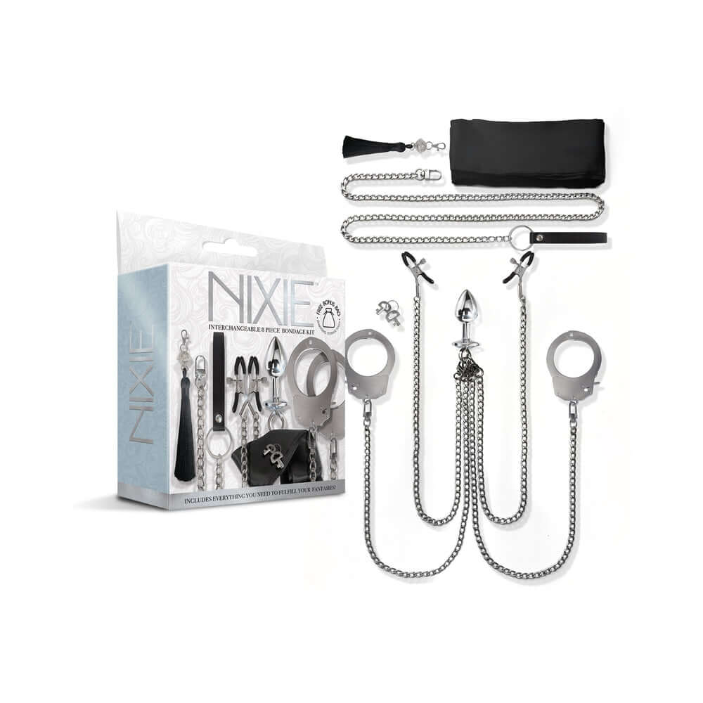 Nixie Metal Bondage 8-piece Kit Silver featuring various accessories for a customizable BDSM experience.