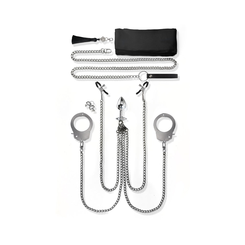 Nixie Metal Bondage 8-piece Kit Silver showcasing multiple accessories for a customizable BDSM experience.