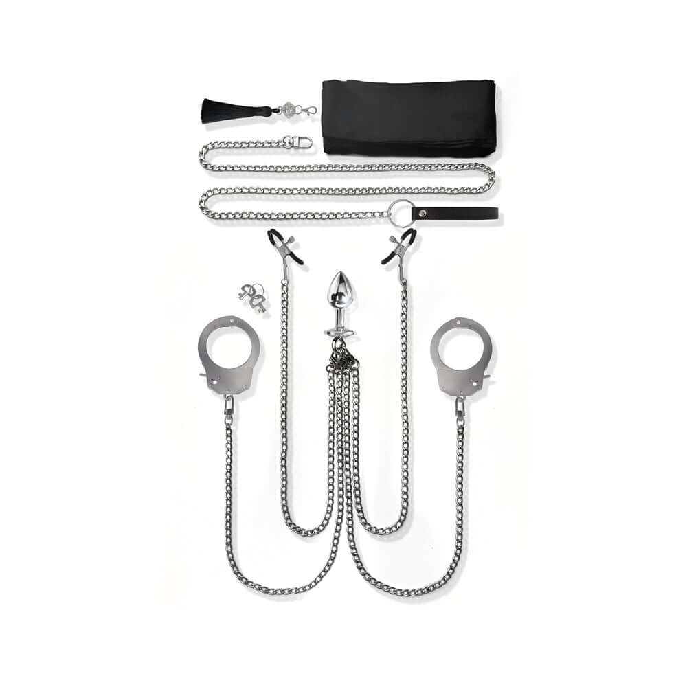 Nixie Metal Bondage 8-piece Kit Silver showcasing multiple accessories for a customizable BDSM experience.