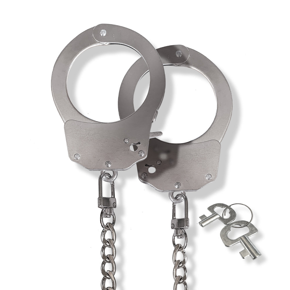 Nixie Metal Bondage 8-piece Kit Silver includes durable metal handcuffs with keys.