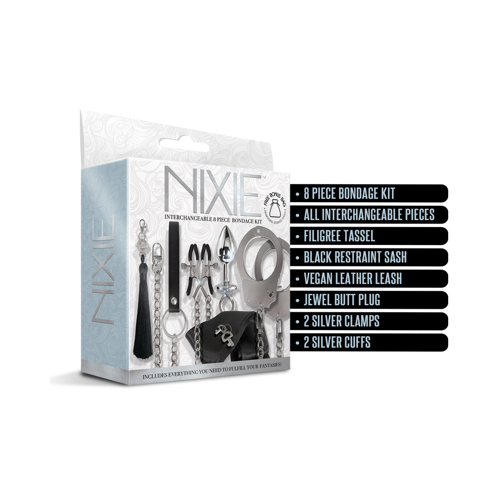 Nixie Metal Bondage 8-piece Kit Silver with filigree tassel, restraint sash, and various accessories for customizable experiences.