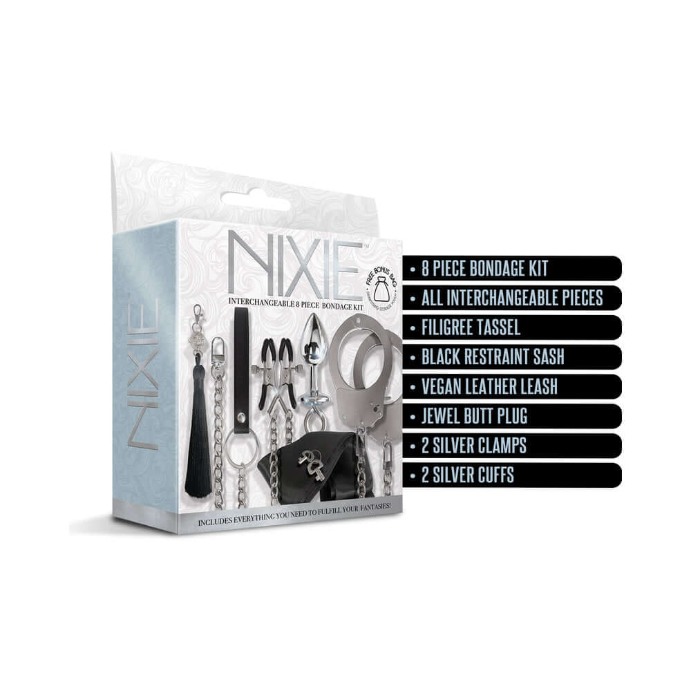 Nixie Metal Bondage 8-piece Kit Silver with filigree tassel, restraint sash, and various accessories for customizable experiences.